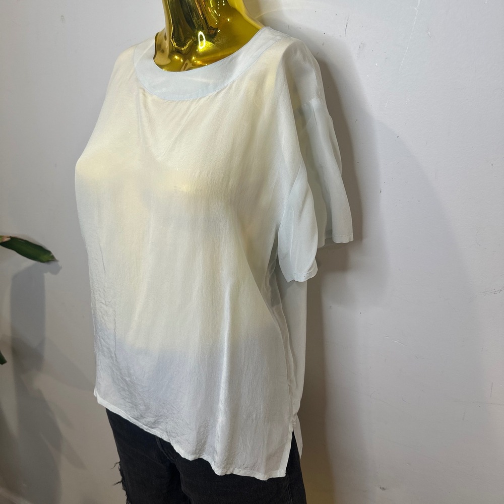 Minimalism Academia Quiet‎ Luxury 100% Silk Short Sleeve Blouse Light Blue SMALL
